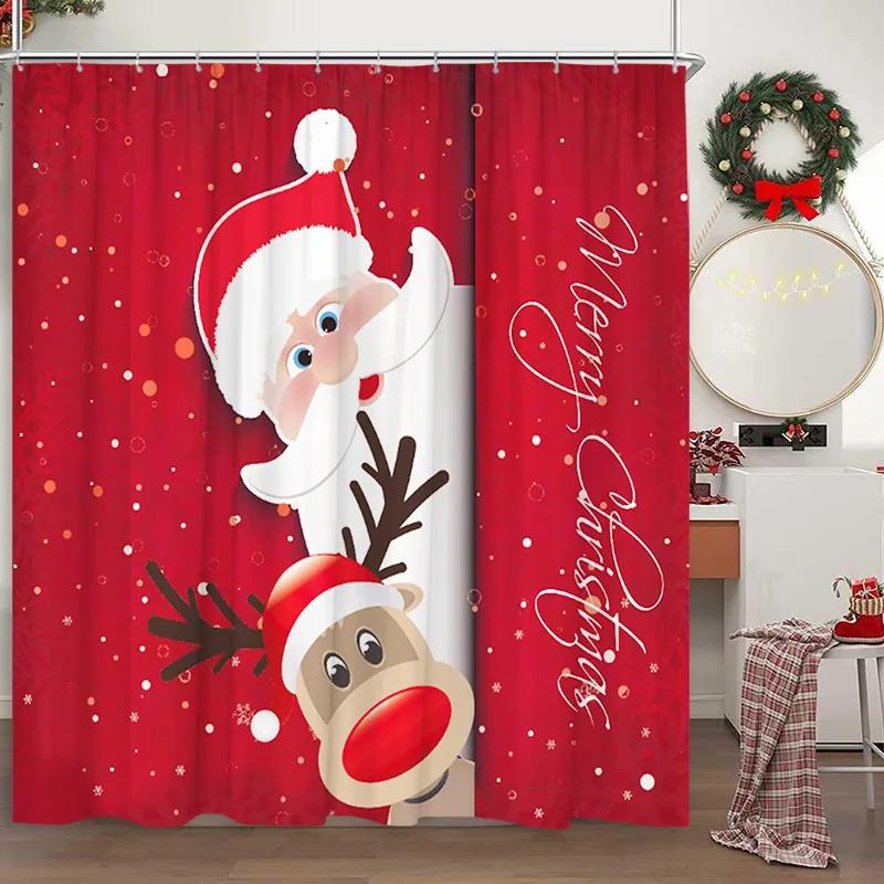 Christmas Shower Curtain Santa Claus Snowman Snowflake Elk Pine Leaf Winter Cartoon Home Polyester Fabric Bathroom Decor Curtain