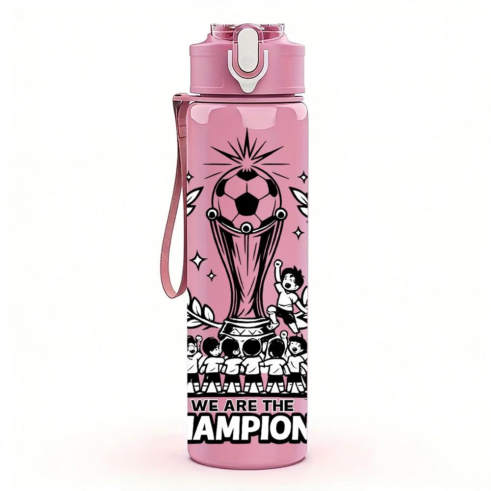 1 Stück Fußballpokal Champion Abzeichen Druck 750 ml Farbe Kunststoff Sport Wasserflasche Auslaufsicher Klappdeckel mit Strohhalm Geeignet für Sport Büro Zuhause