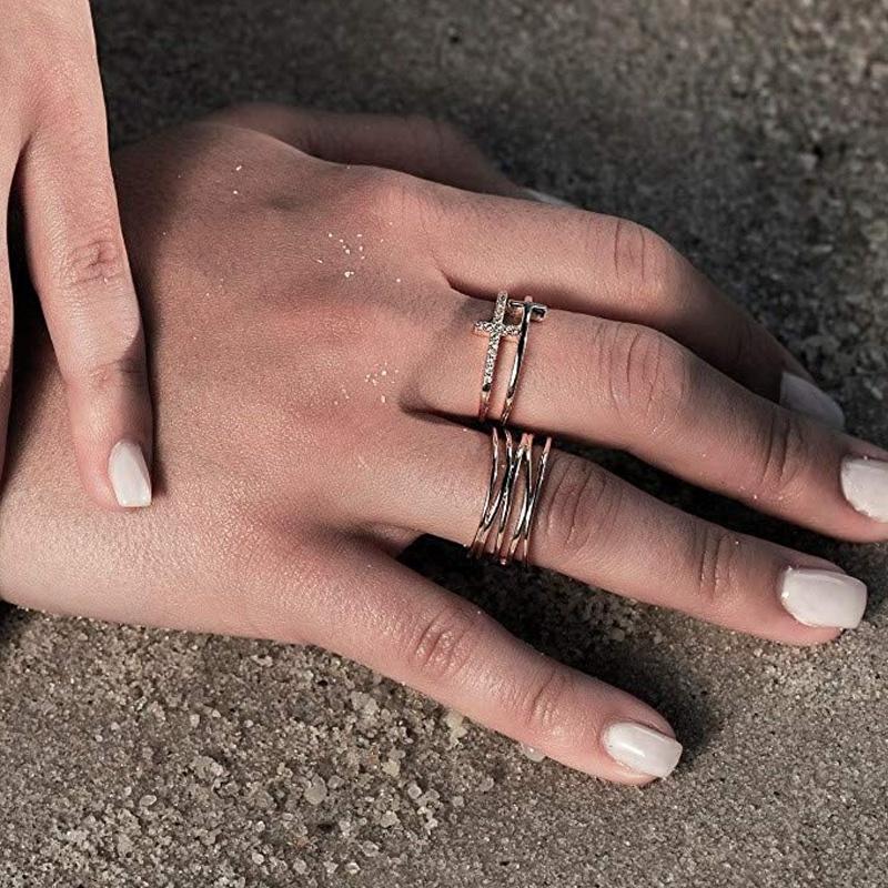 Rose Gold Cross Ring Adjustable Expandable Open Ring Women Faith Jewelry Double Cross Design Fashion Accessory