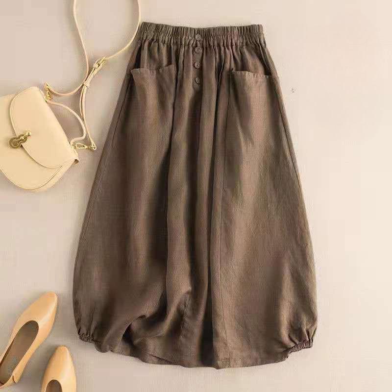 

women s Elastic High Waist Cotton Linen Lantern Skirt Casual Loose Midi Skirt With Pockets M хаки