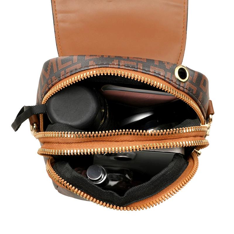 Women’s Crossbody Phone Bag, PU Leather Small Shoulder Purse with Flap & Zipper, Vintage Letter Print Mini Bag