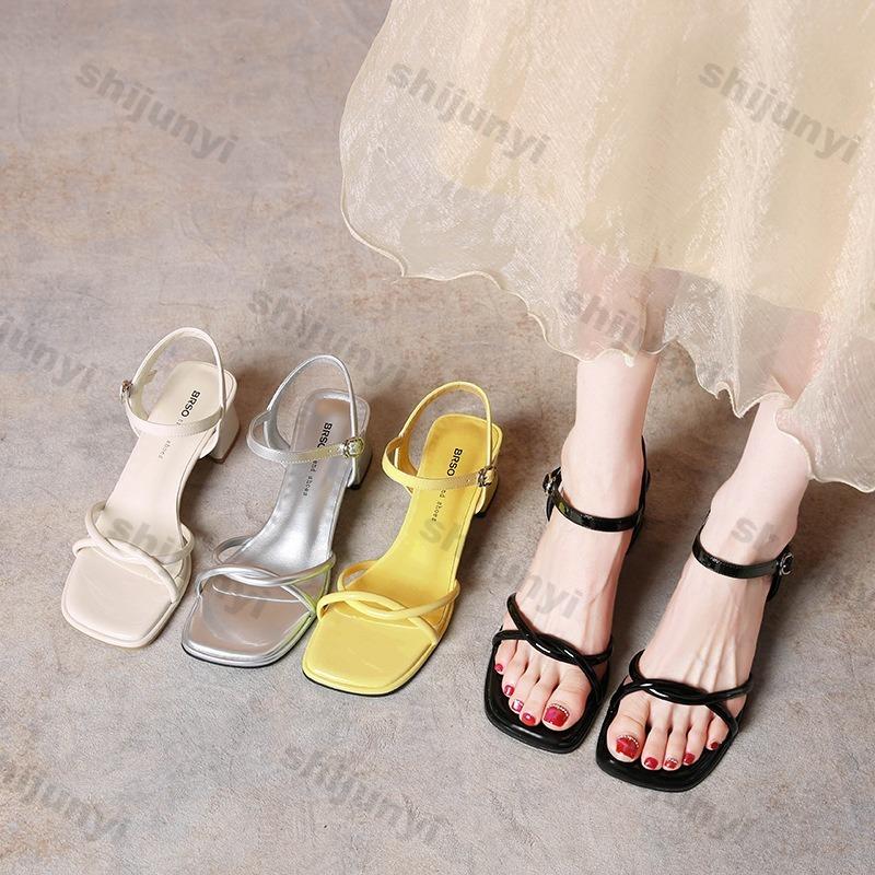 Fashion Women's Shoes 2025 Summer New Fashion Square Heels Sandals Sweet Lightweight Cross Strap Buckle Square Toe High Heels