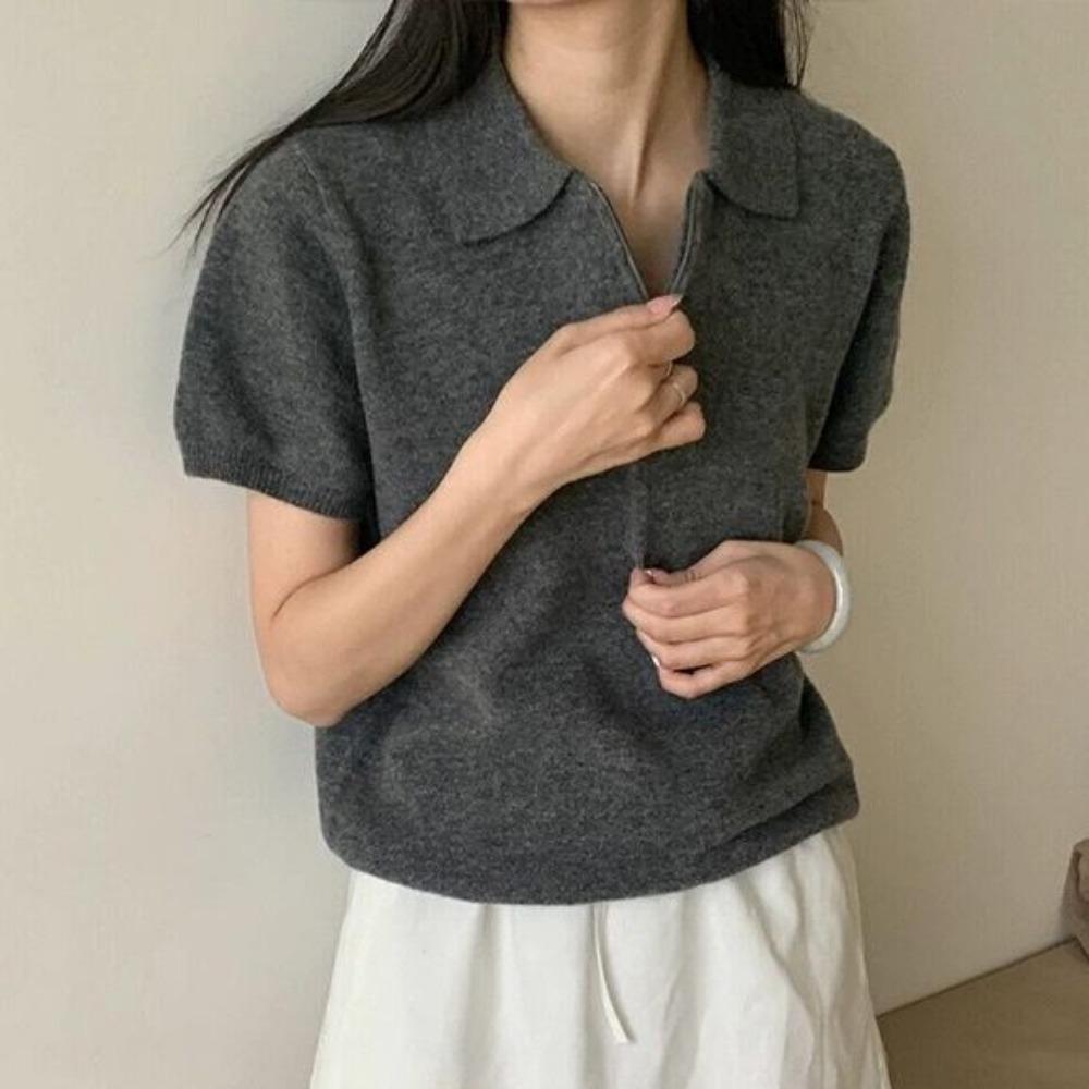 Spring Summer New Arrival Korean Simple and Versatile Polo Collar Short Sleeve Half Zip Knitted Sweater
