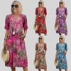 Summer New Retro Floral V-Neck Casual Vacation Pocket Dress for Women