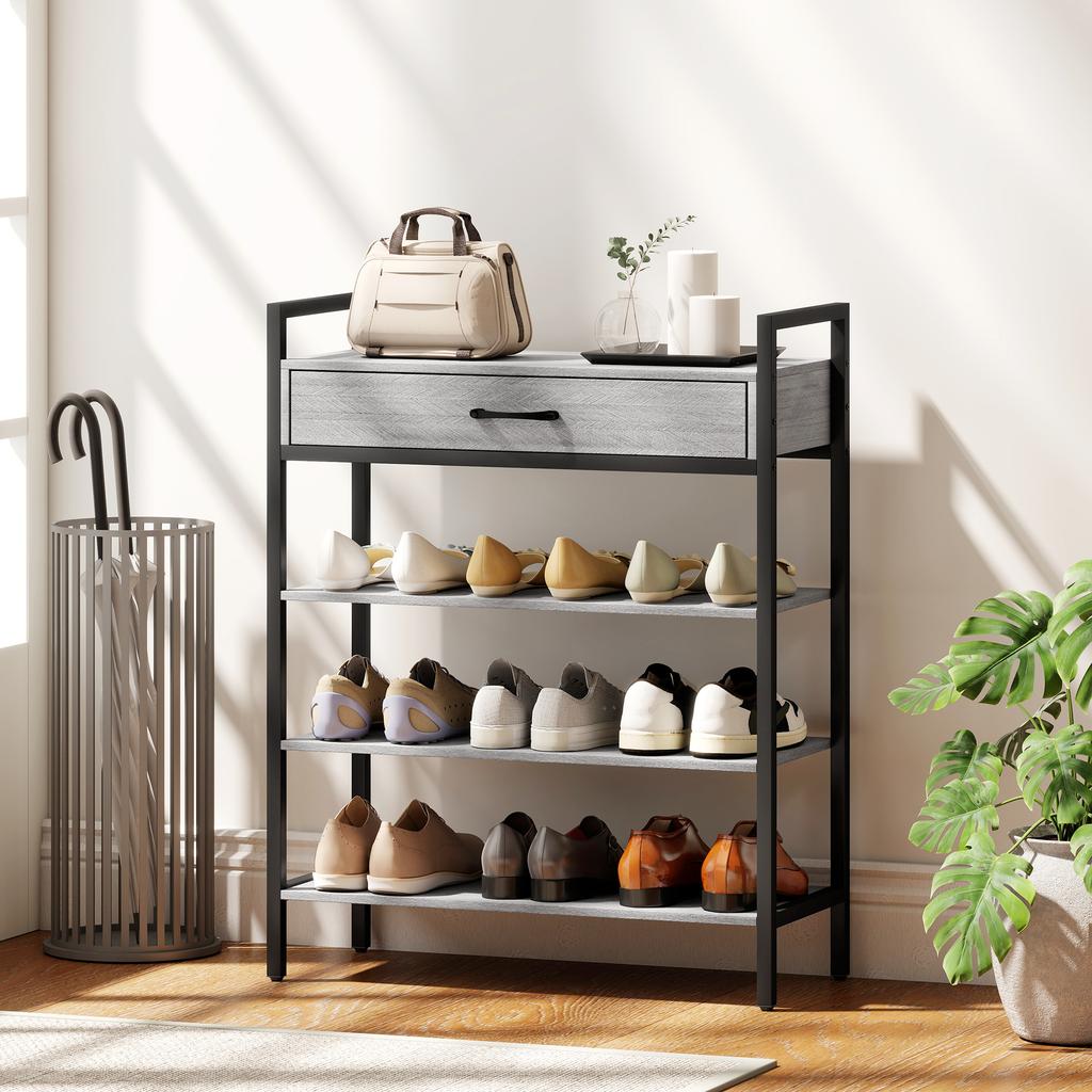 4-Tier Shoe Rack, Hallway Shelf for Up To 9 Pairs of Shoes, Particleboard, Metal, Grey