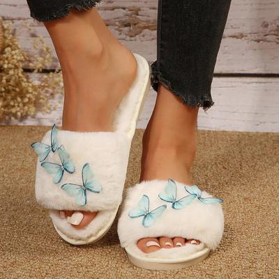 Sweet Fur Slippers Women Fur Slides Casual Flat Low Heels Plush Women Shoes Solid Butterfly Knot Home Furry Slippers Plus Size