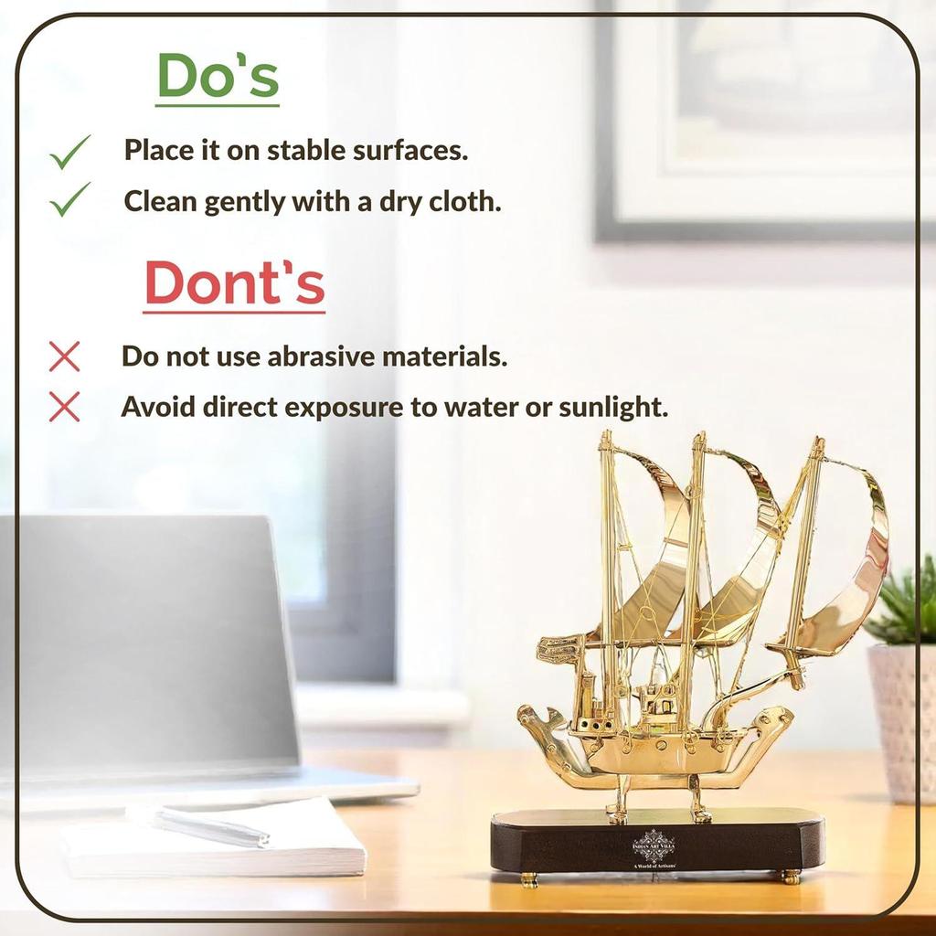 Brass Ship with Wooden Base, Showpiece Item, Perfect for Home Decoration and Gifting, 12'' Inch