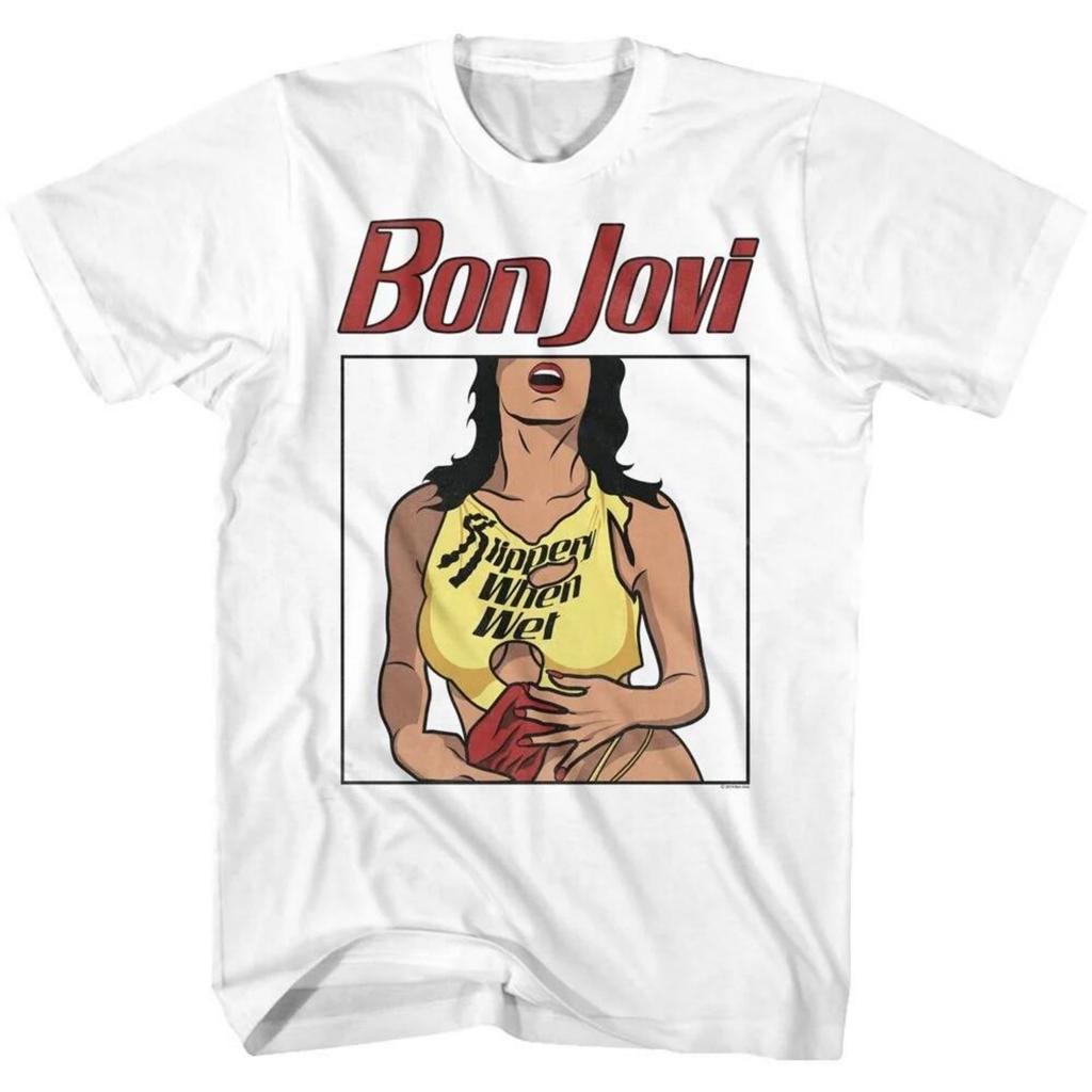 Bon Jovi Adult T-Shirt 80039;s Rock Music Band SLIPPERY WHEN WET White Cotton Unisex T-Shirt