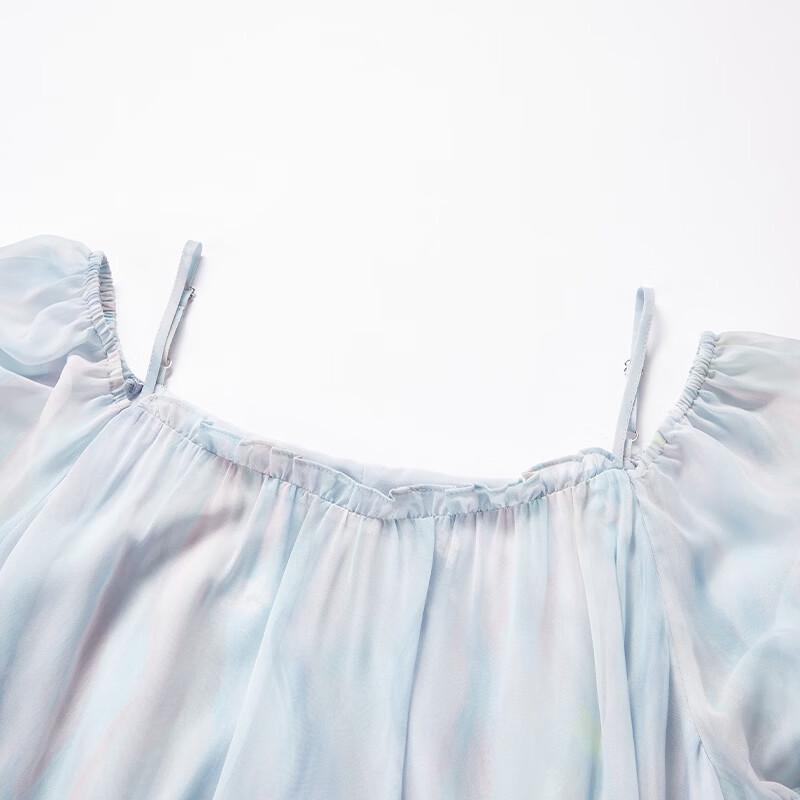 Xiangying 'Flower Whisper' Blue Tie-Dye Off-Shoulder Bubble Sleeve Midi Dress