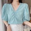 WTEMPO Brand Women's V-neck Beaded Embossed Chiffon Shirt Summer Fashion Versatile Loose and Slim Bubble Short Sleeve Tops