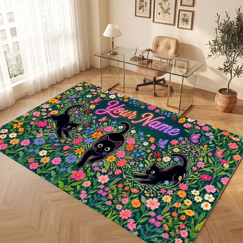 Cat Theme Crystal Velvet Floor Rug Personalized Custom Name Text Warm Carpet Home Decoration