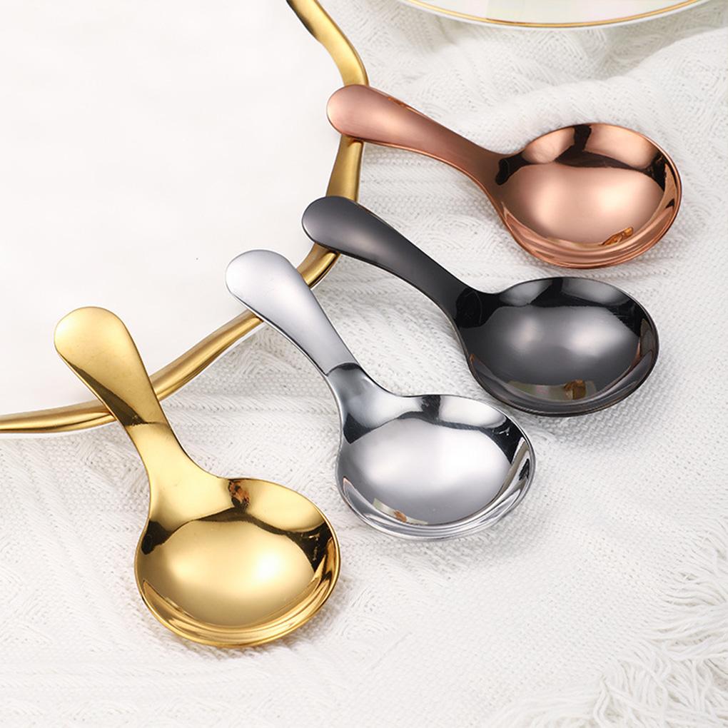 Edelstahllöffel Tragbar Runder Kopf Glatt Glänzend Poliert Kurzer Griff Salz Suppe Teelöffel Schöpflöffel Besteck Geschirr