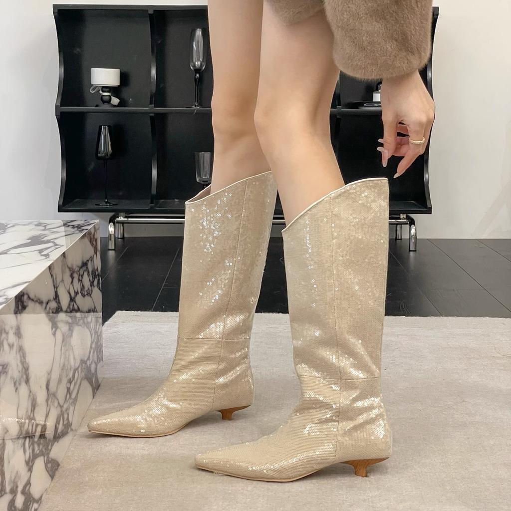 Vintage pointed boots children's season premium sense sequins cat and tall boots knight boots
