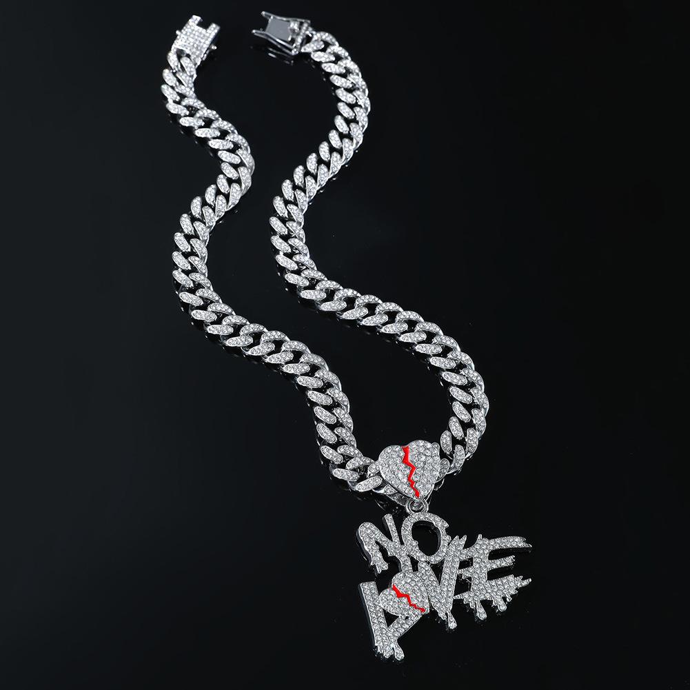 Men's Rhinestone NOLVE Cuban Necklace with Heart & Letter Pendant