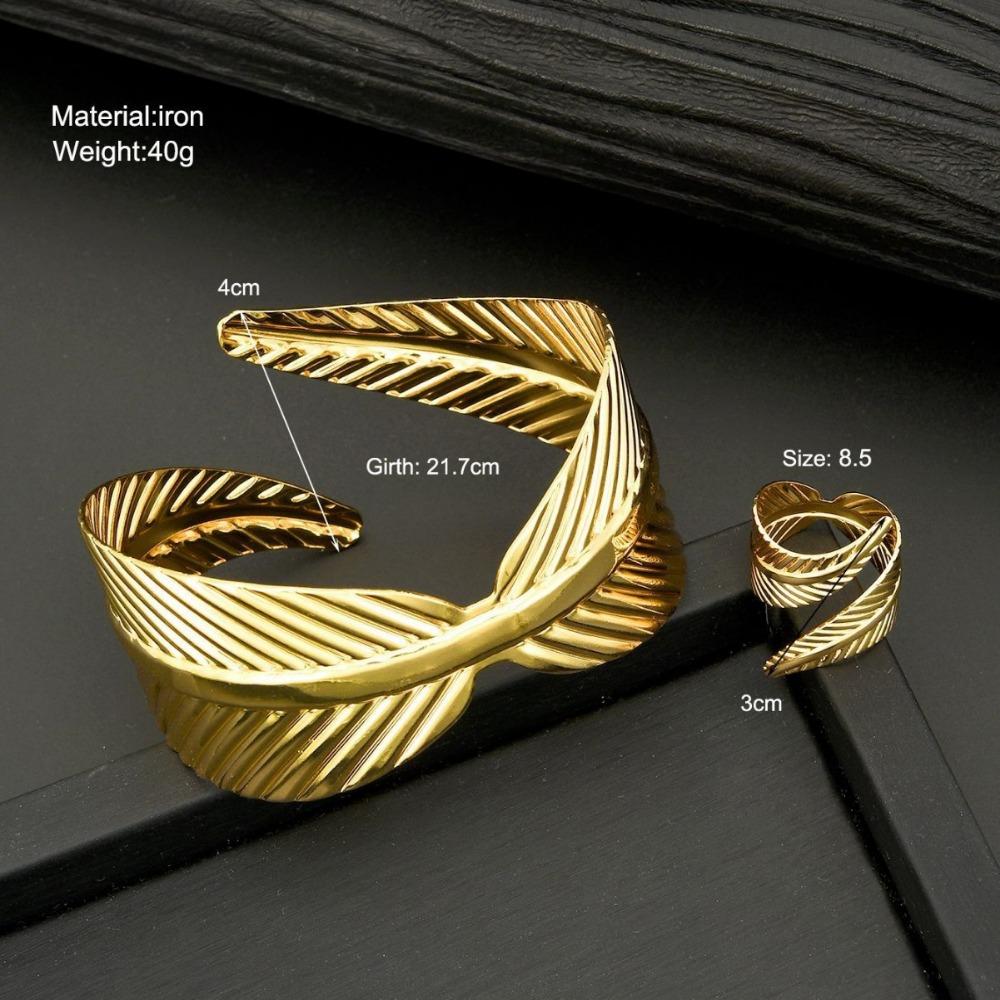 2PC European And American Women's Vintage  Leaf Shaped Bangle Ring Set Punk Metal Adjustable Bracelet Party Jewelry Accessory