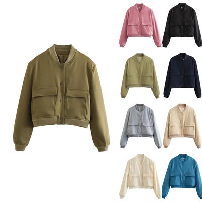 Ladies' Fashion Large Pocket Short Long Sleeve Button Jacket Coat