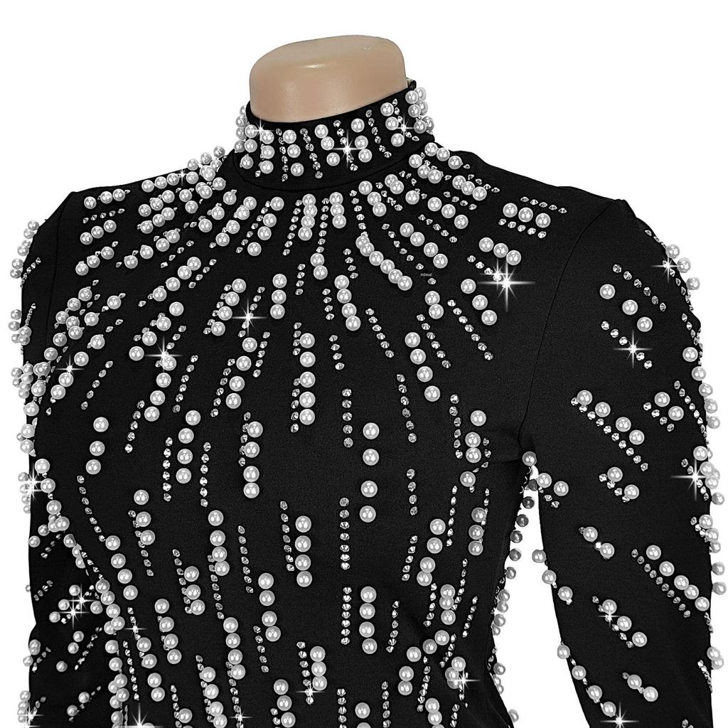 European & American Fashion Women's Long-Sleeve Beaded Bodycon Dress