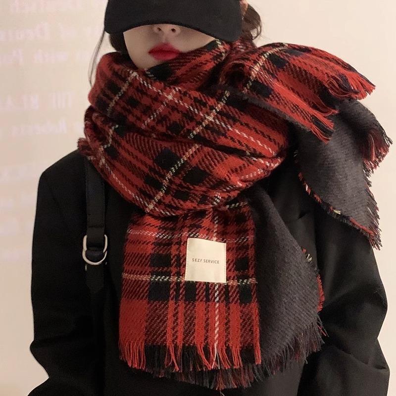 Scarf women's winter new plaid Christmas red student versatile warm thickened scarf shawl advanced sense