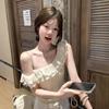 Stylish French Design Ruffle Edge Slanted Neck Off-the-shoulder Sleeveless T-shirt, Summer Slim-fitting and Thin Gentle Style Top Ins