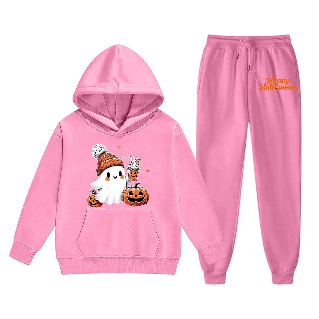Kids Halloween Hoodie and Sweatpants Set Ghost Pumpkin Print Long Sleeve Pullover Top and Elastic Waist Bottoms Casual Outfit for Children