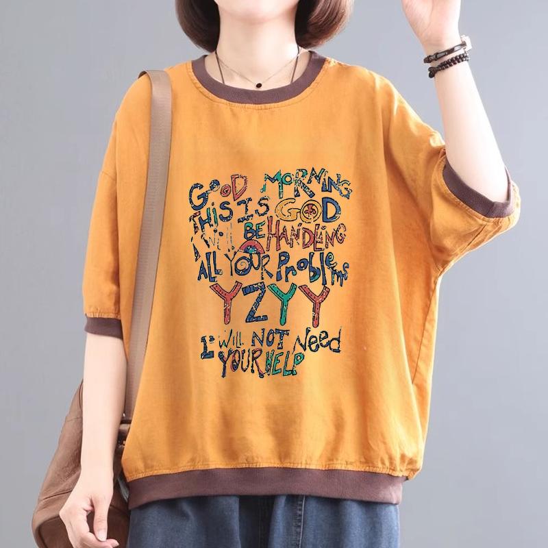 Women's Short Sleeve Shirt Japan Style Vintage Linen Tree Printed T Shirt Chic Women Blouse Loose