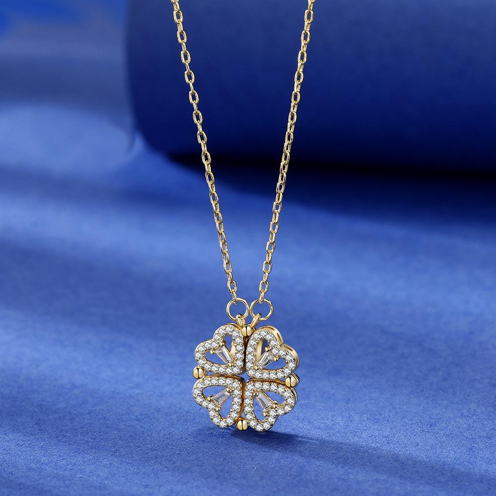 Trendy Four-Leaf Clover Reversible Necklace with Diamond Pendant - Versatile Style for Women