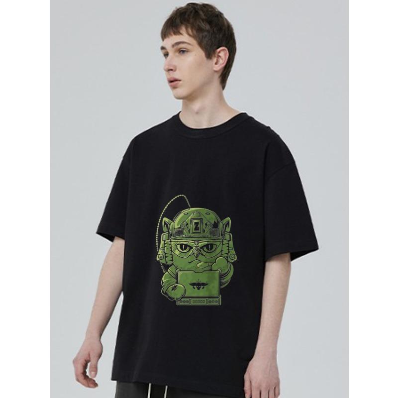 Black T Shirt with Green Cat Stormtrooper Graphic Print for Casual Wear