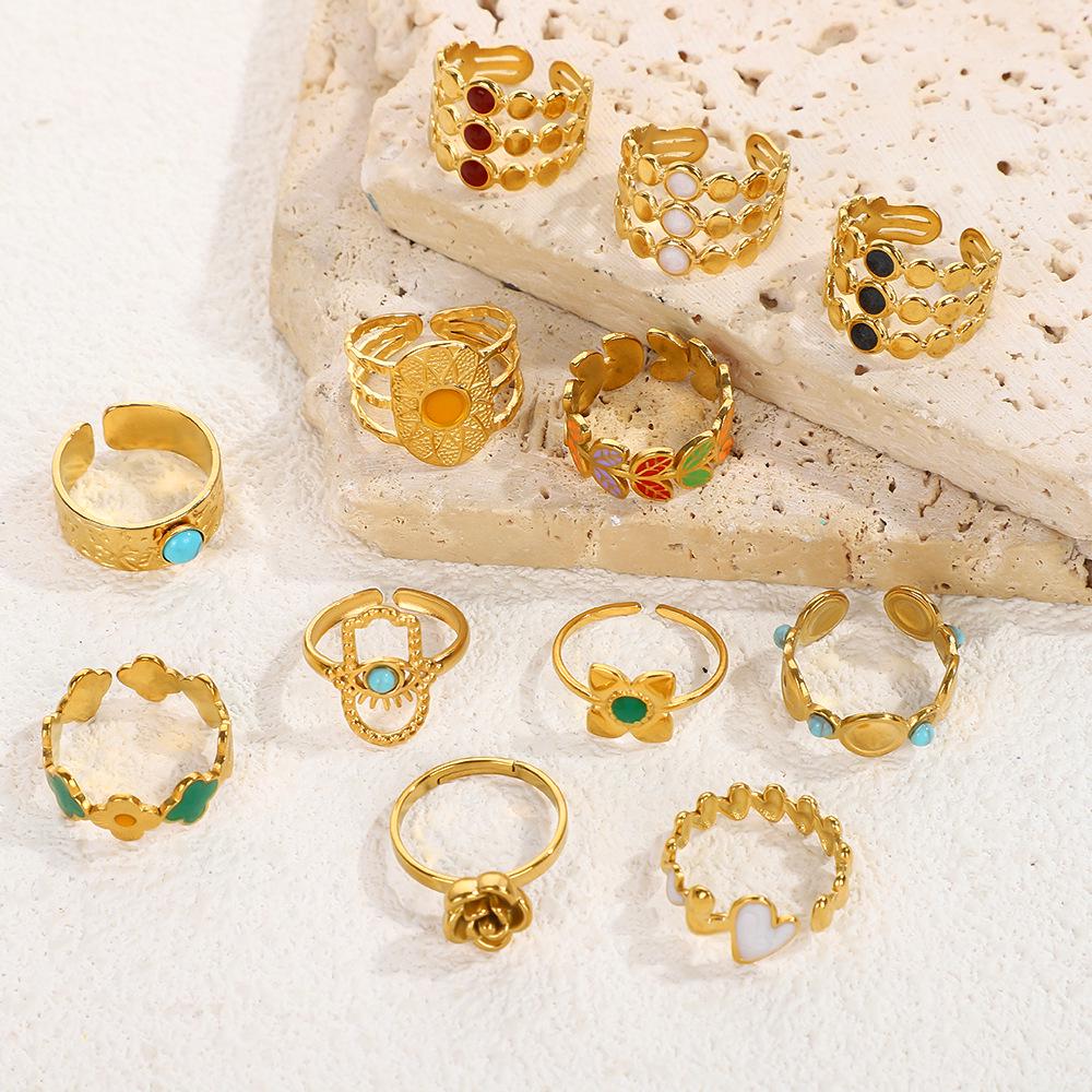 European Ethnic Colorful Stone Open Stainless Steel Drip Oil Turquoise Adjustable Ring