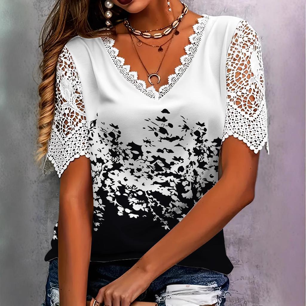 Women's Fashion Casual Summer Spring Flower Pattern Print Short Sleeve V-Neck Blouses & Shirts