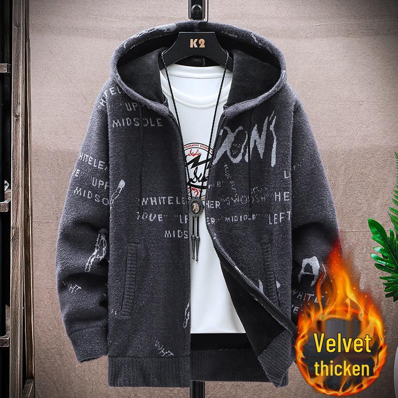 

Мужской вязаный кардиган-пальто с капюшоном на флисовой подкладке большого размера для осени/зимы 2022 XXL темно-серого