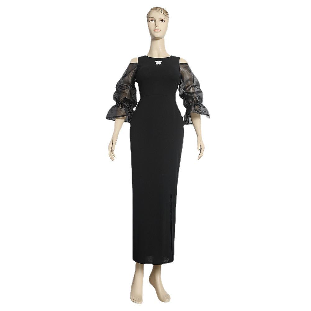 2023 Europäisches & Amerikanisches Schwarzes Mesh Glockenärmel Slim Fit Übergröße Kleid für Afrikanische & Muslimische Frauen