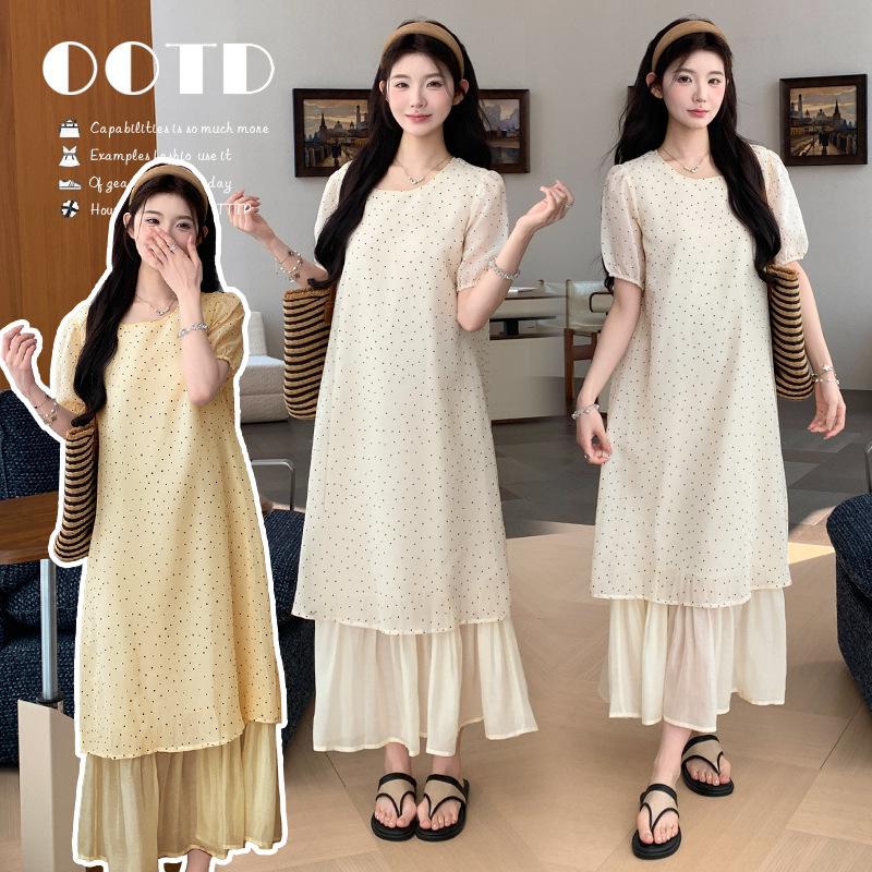 2026 Summer French Polka Dot Maternity Dress: Age-Reducing, Slimming, Round Neck, Patchwork, Short Sleeve L