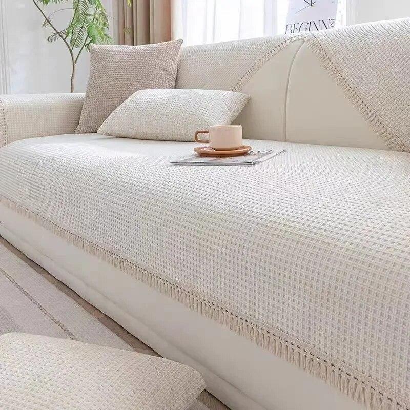 Cremefarbener Sofakissenbezug, universeller, rutschfester Sofabezug mit Quastenrand, für alle Jahreszeiten
