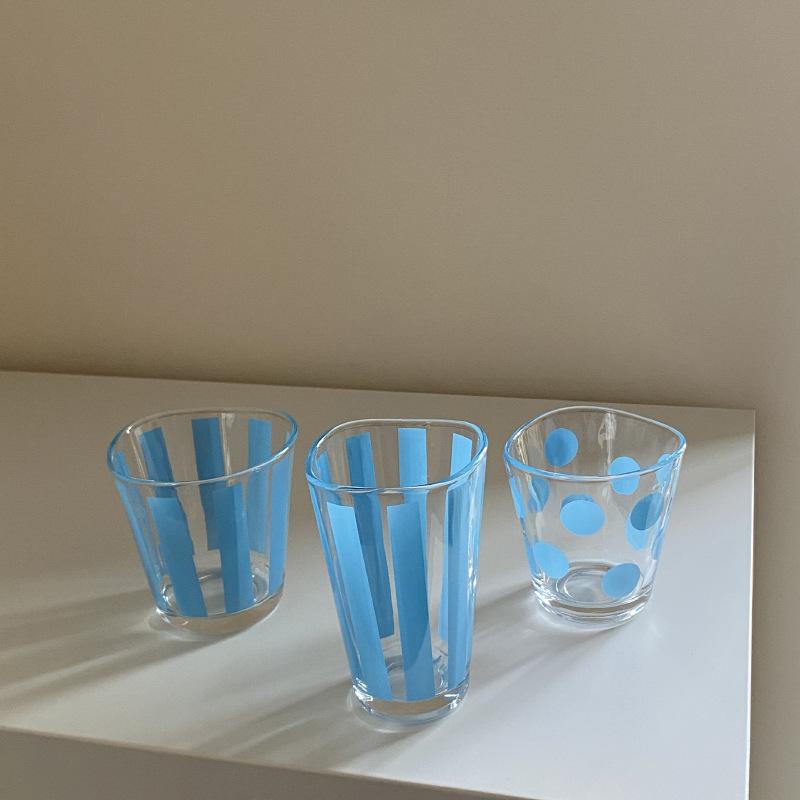 Homemade Retro Small Fresh Glass, Blue Striped Polka Dot Irregular Water Cup Milk Cup Niche Simple