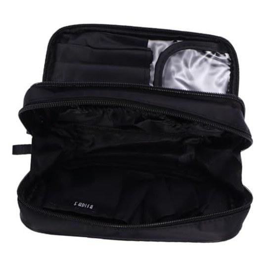 No-brand nylon material black double-layer makeup travel bag cosmetic zipper dirt-resistant essential protection easy use storage bathroom pouch.