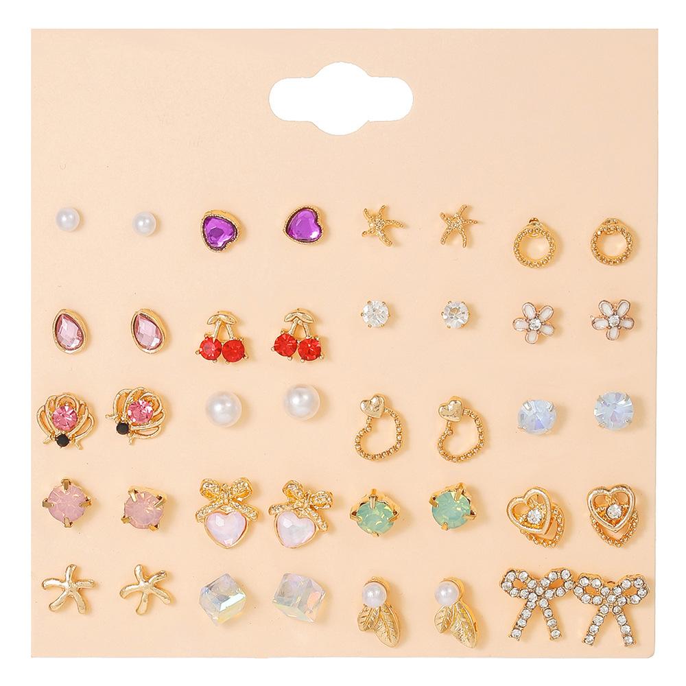 European and American style gold star stud earrings set combination women's heart-shaped light luxury high-end earrings