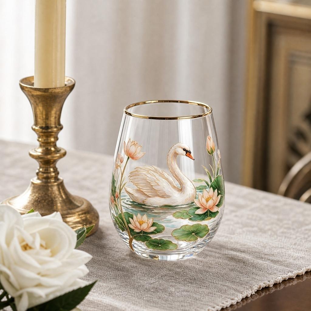 Glass Drinking Cup with Swan and Floral Print Design Stemless Glassware Suitable for Juice Water and Beverage Serving At Home or Office