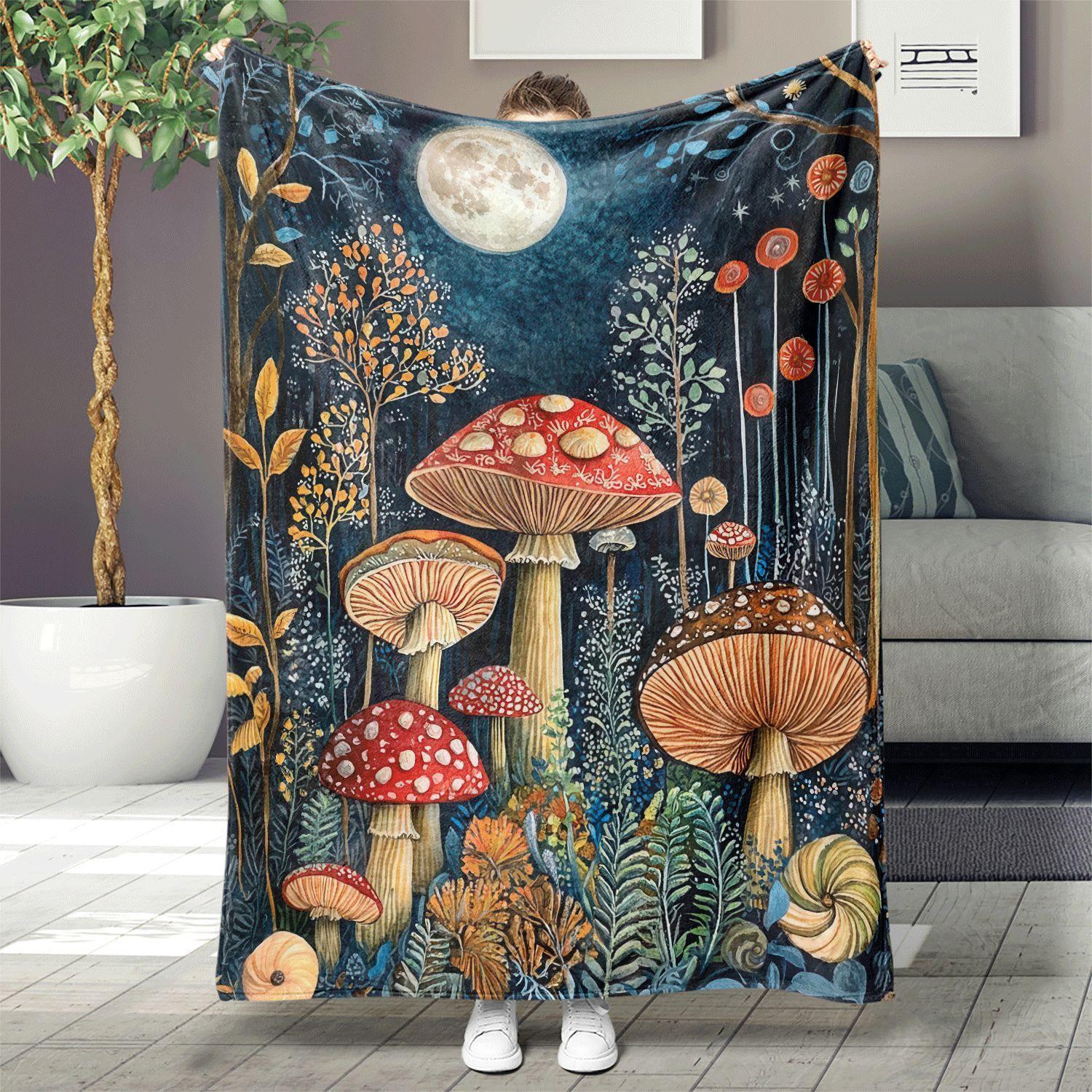 1pc Cozy Mushroom Print Flannel Blanket – Vibrant Forest Design with Full Moon & Stars, Soft & Durable Polyester Fleece, Perfect 130x150cm