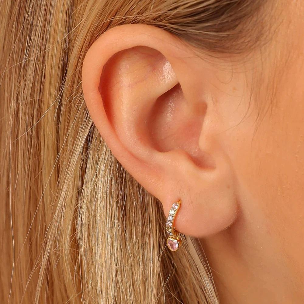 2PCS Luxury Colorful Heart Pendant Earrings Exquisite Multicolor Zircon Stainless Steel Hoop Earrings for Women Fashion Jewelry
