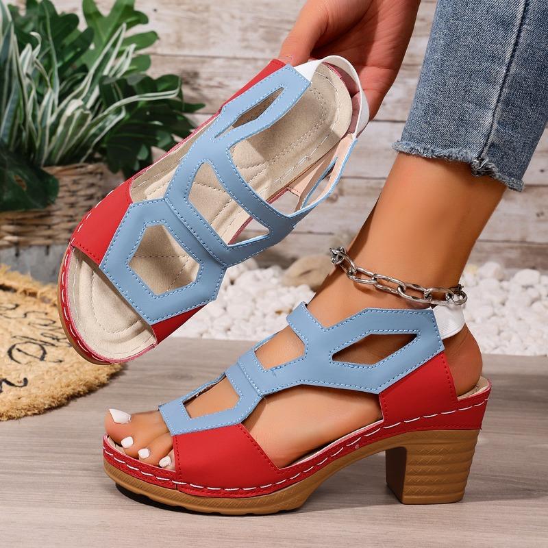 Fashion Plus Size High Heel Sandals Summer New Round Toe Open Toe Color Block Cutout Platform Non-slip Block Heel Shoes