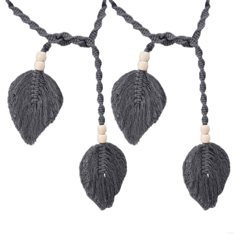 62KD 2Pcs Window Curtain Handknitted Tiebacks Bohemian Leaf Tassels Curtain Holdbacks with Wooden Beads for Drapes Tiebacks