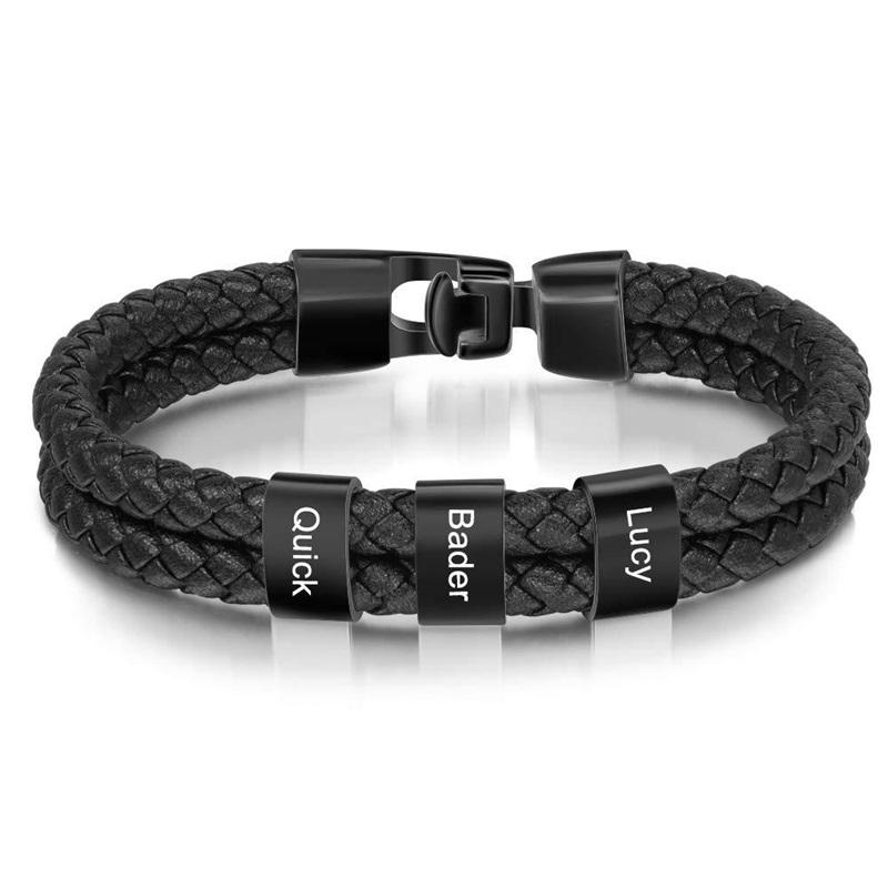 Custom Family Names Beads Bracelet Men Personalized Engraved Bracelets Black Leather Stainless Steel Bracelet Father's Day gift