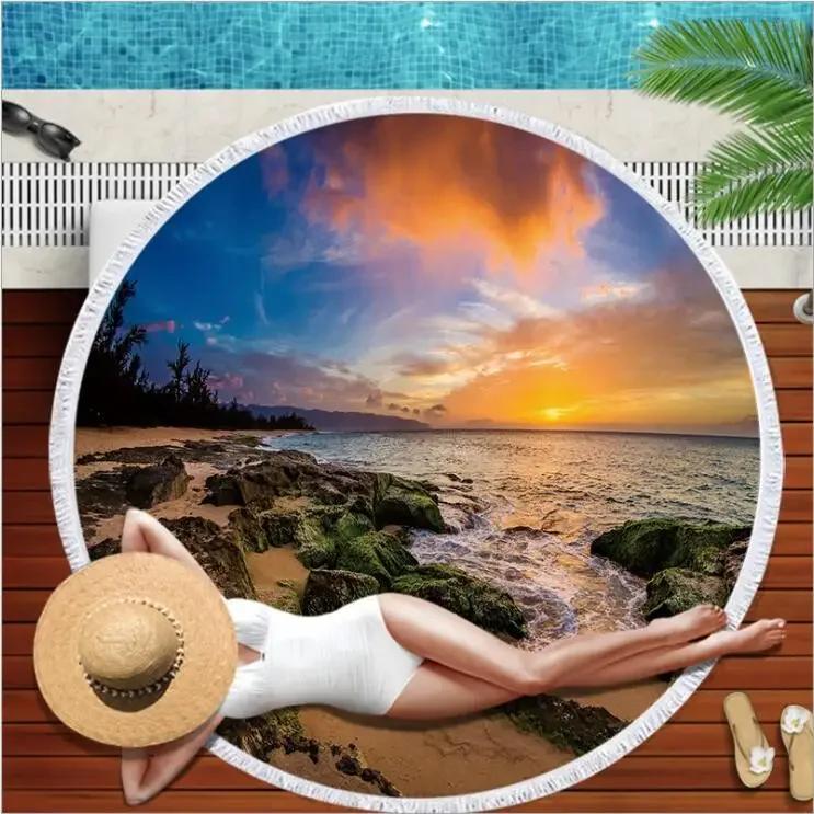 Summer Round Beach Towel Flamingo Tropical Plant With Drawstring Backpack Bag Bath Shower Towels Bikini Cover Up Pool Towel