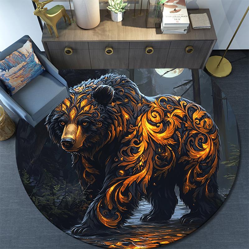 Golden Bear Round Area Rug,Carpet Rug for Living Room Bedroom Sofa Playroom Decor,Non-slip Floor Mat