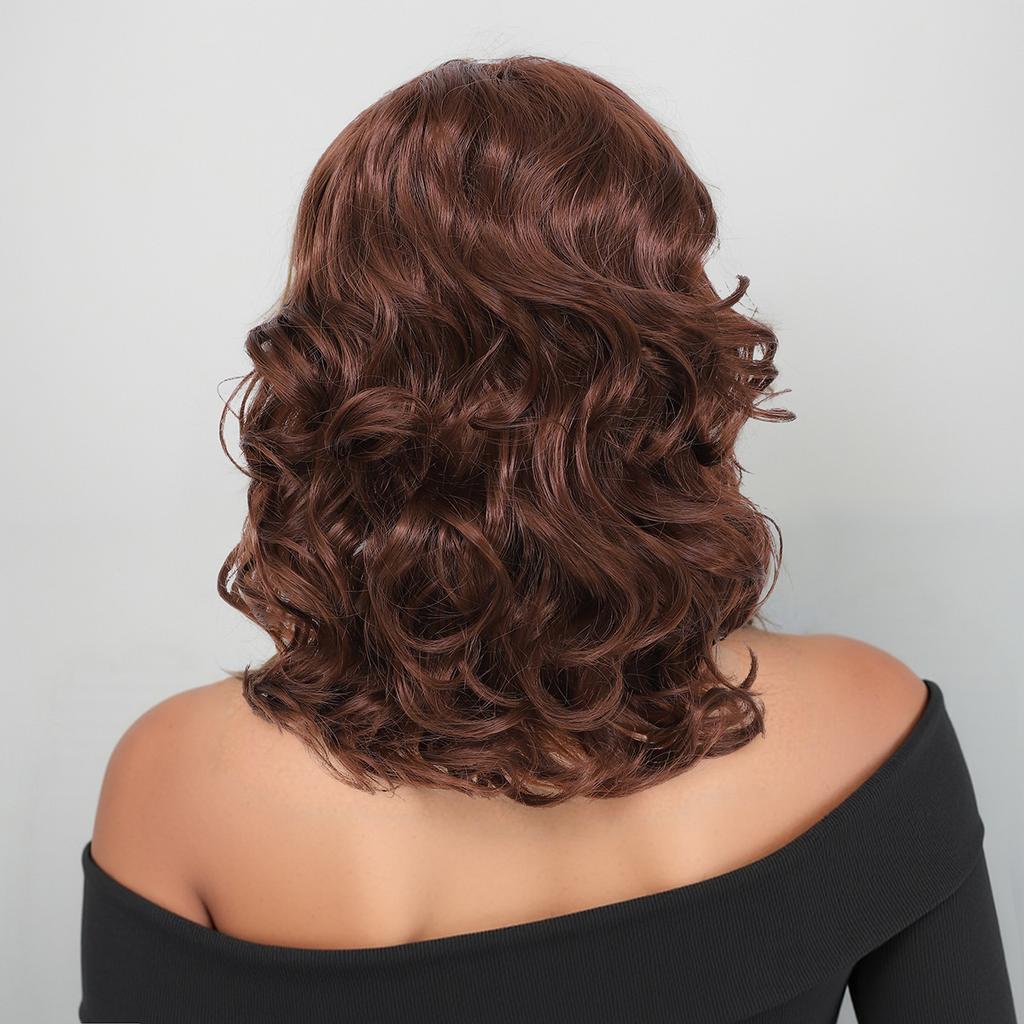 Women Synthetic Brown Wig With Bangs Shoulder Length Wave Fluffy Hair for Daily Use Lolita Halloween Cosplay Heat Resistant Fibre
