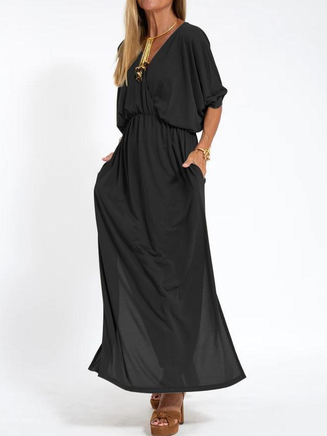 European And American Style Summer New Products, Fashionable Solid Color High-Waisted Split V-Neck Dress