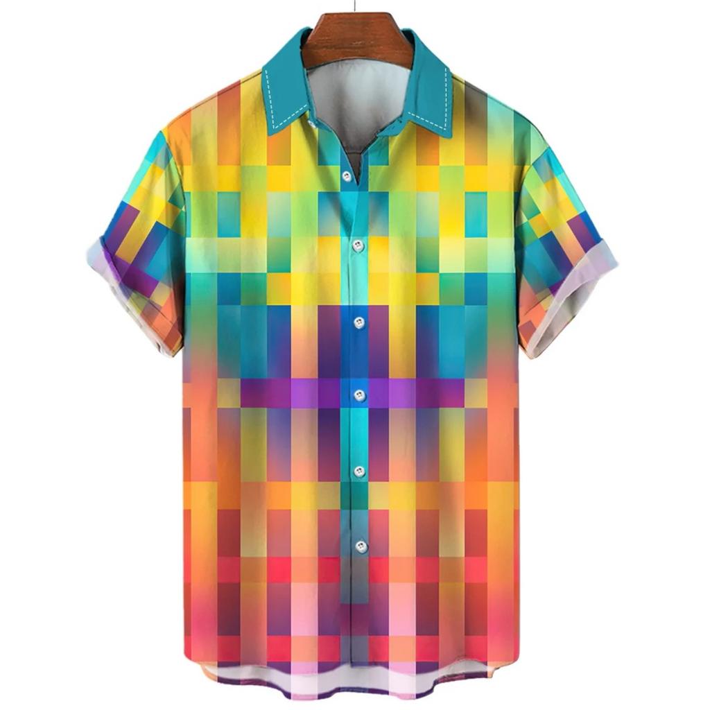 Men's Gradient Striped Short Sleeve Shirt, Loose Fit Casual Button-Down Top for Daily Commute and Vacation Wear