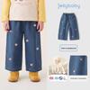 JELLYBABY Girls' Cartoon Bear Pattern Wide-Leg Denim Jeans