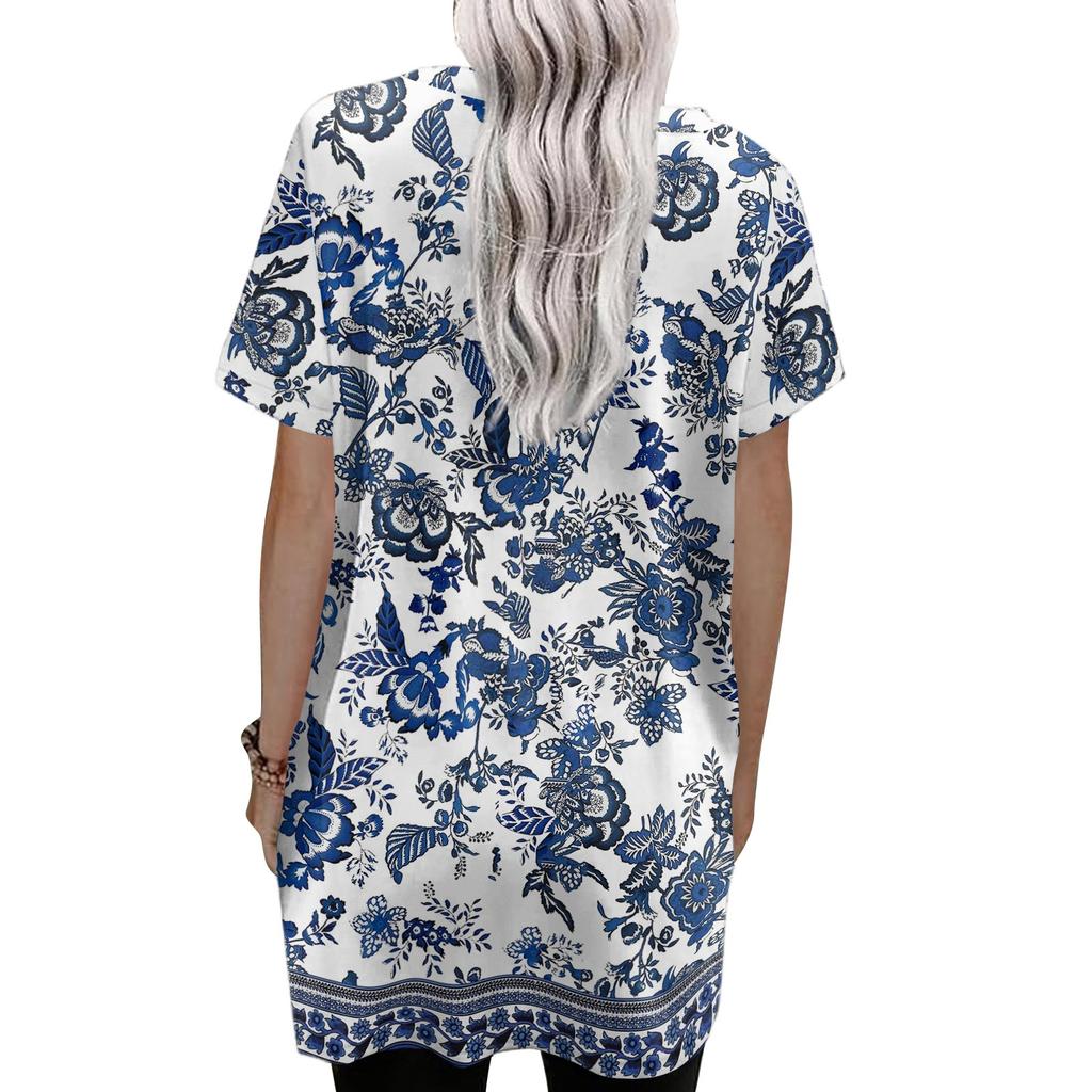 Women's V-Neck Vintage Floral Print Short Sleeve Pullover Top with Pocket