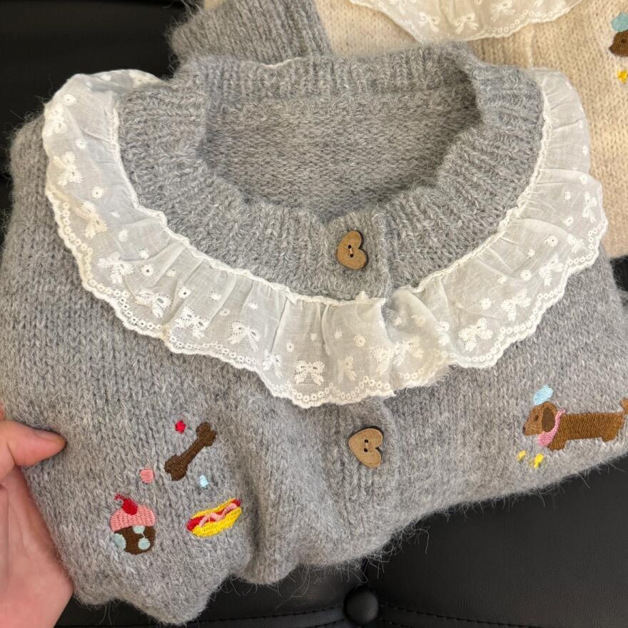 2026 Spring Autumn Korean Puppy Embroidery Lace Trim Women's Knit Cardigan